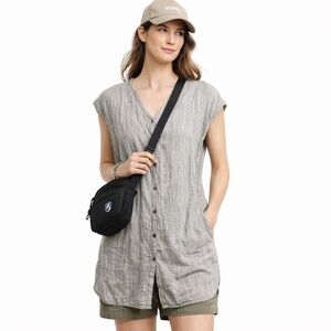 KUHL Riviera Gauzy Linen Blend Button Front Tunic Dress Gray Striped Cap Sleeve‌